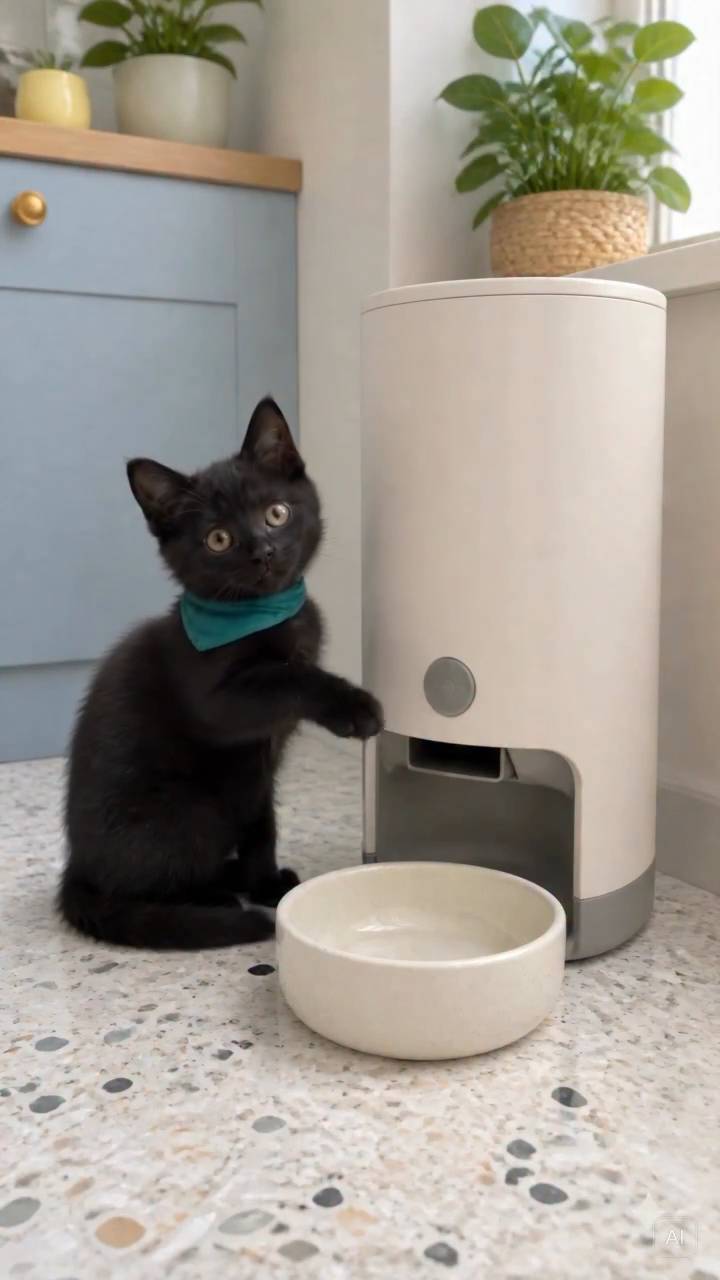 Poster for The little black cat is eating.