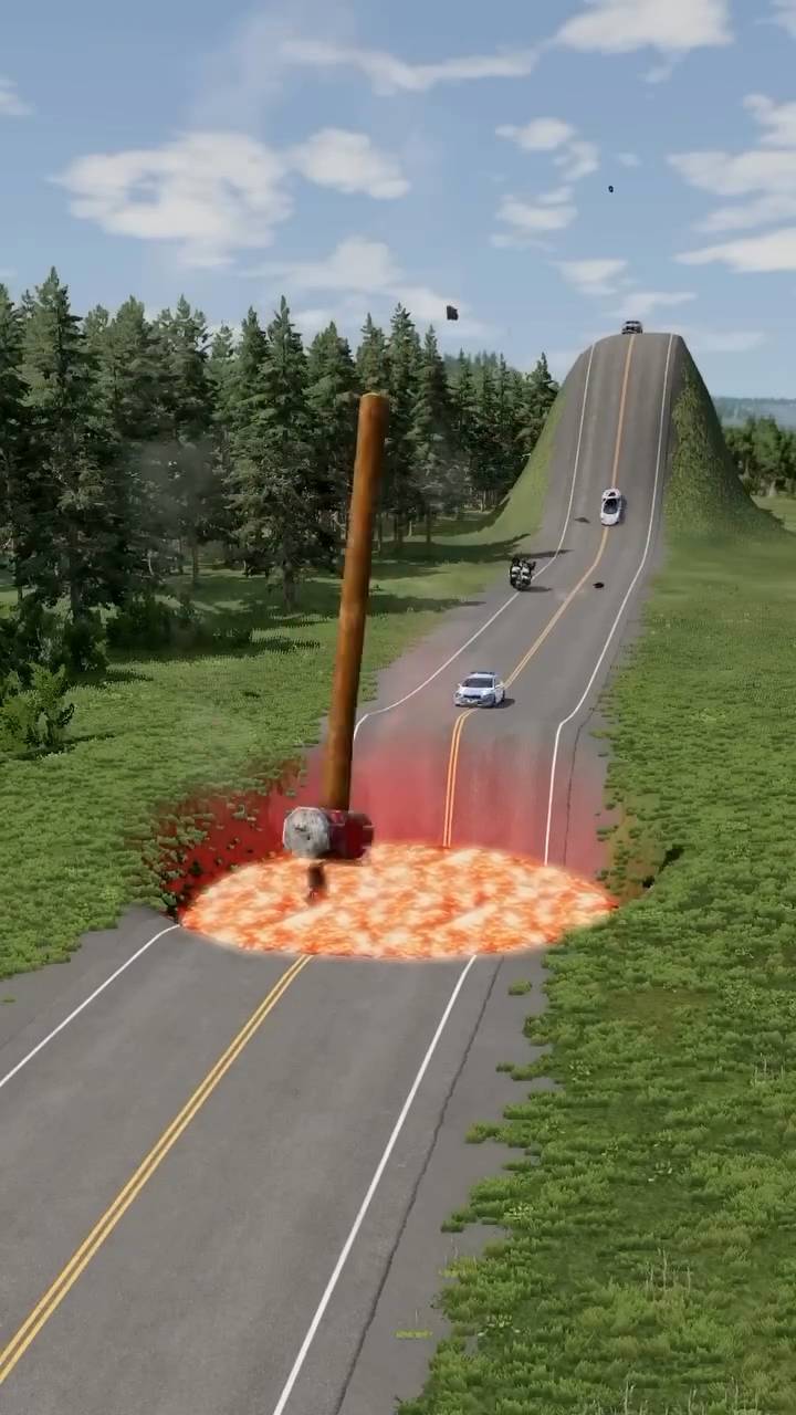 Poster for Giant Hammer Sends Cars Flying Over Lava Pit — Satisfying Simulator 🔨