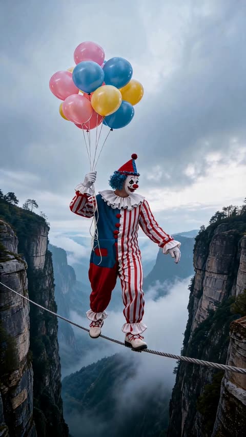 Poster for A clown tightrope-walking game.